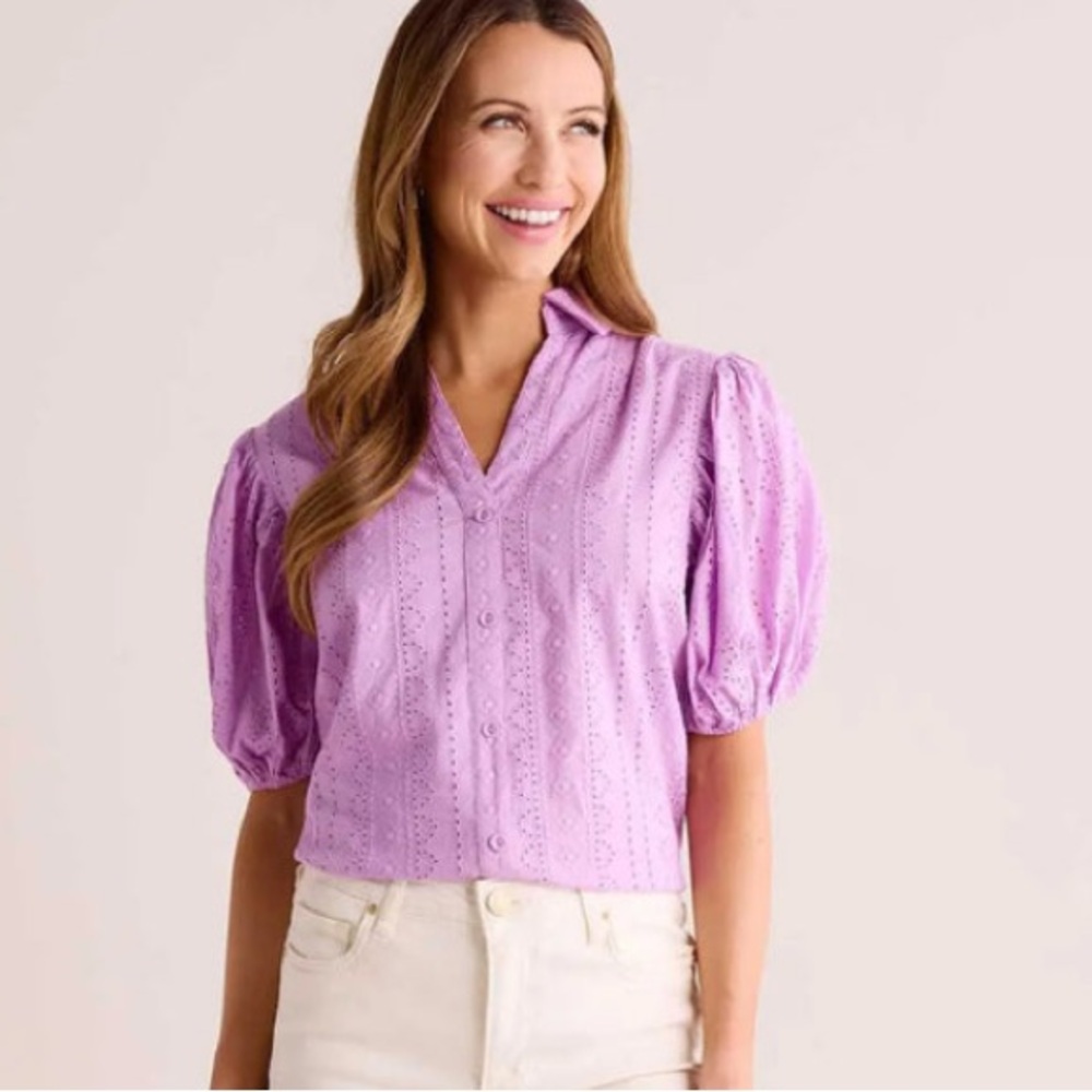 🌸Pinch Lavender Puff Sleeve Eyelet Blouse Size XL